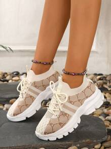 Fall/Winter Women's Fashion Khaki Plus Size Contrast Color Patchwork Breathable Mesh Running Sneakers - Brown - View 5