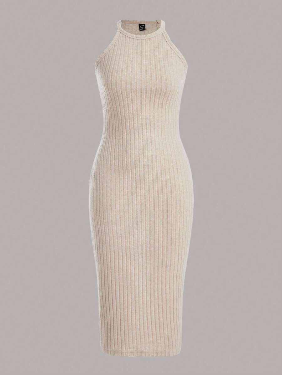 SHEIN EZwear Vestido ajustado unicolor tejido de canalé