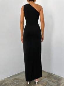 EURMUSE One Shoulder Cut Out Split Thigh Dress - Black - View 4