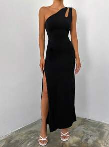 EURMUSE One Shoulder Cut Out Split Thigh Dress - Black - View 3