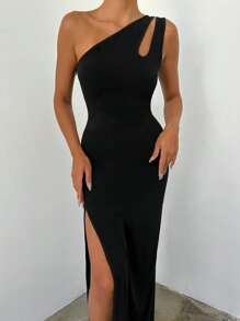 EURMUSE One Shoulder Cut Out Split Thigh Dress - Black - View 5