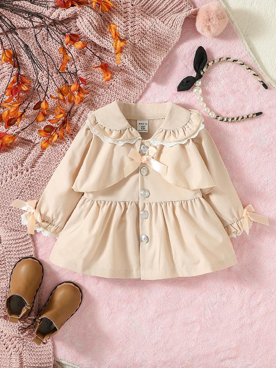 女嬰彼得潘領前蝴蝶結荷葉邊下擺外套 - 杏色 - 查看 1