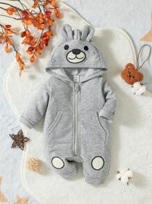 男嬰卡通圖案3D耳朵設計連帽前拉鍊連帽連身褲