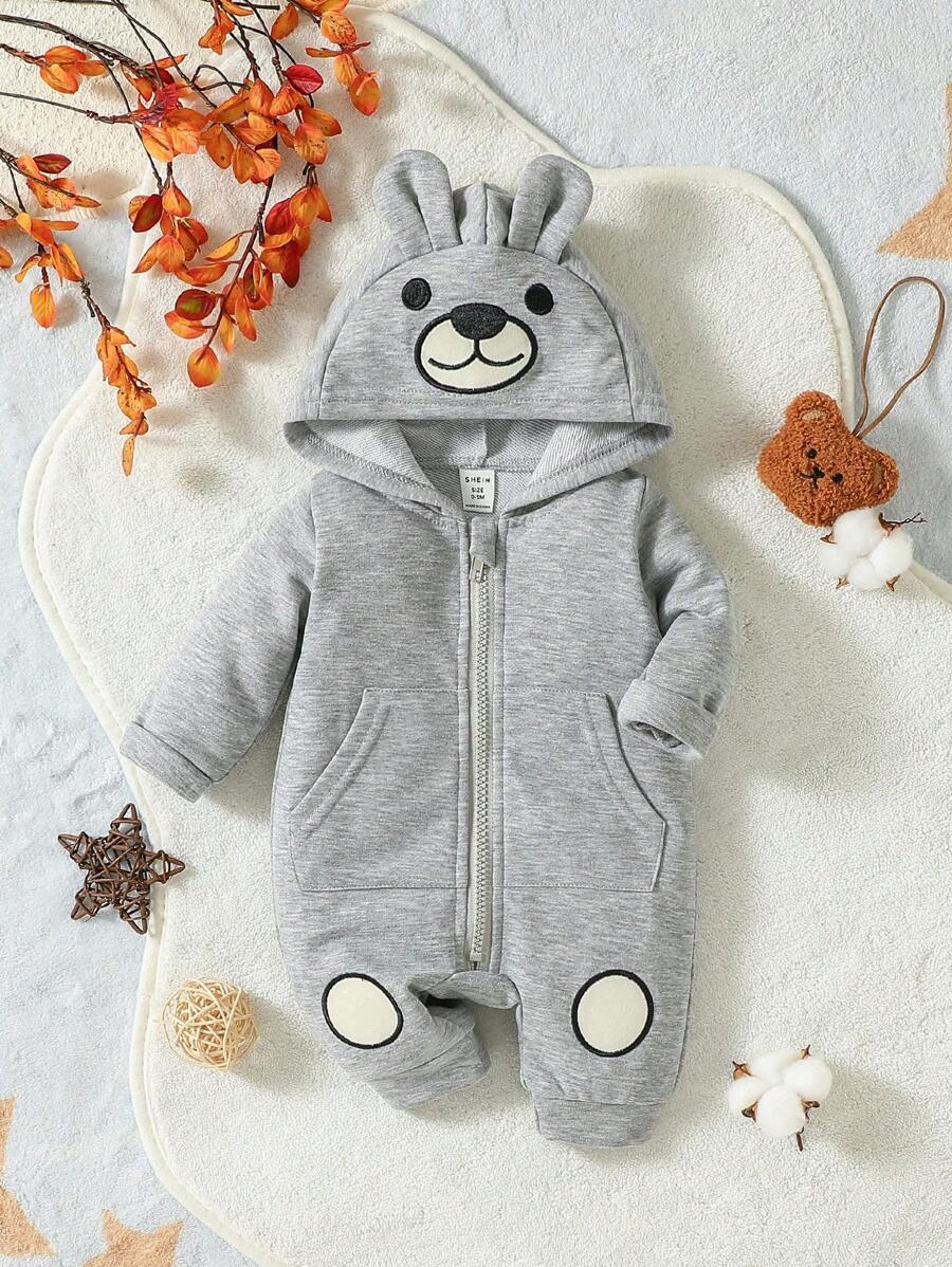 男嬰卡通圖案3D耳朵設計連帽前拉鍊連帽連身褲