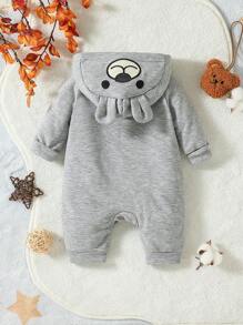 男嬰卡通圖案3D耳朵設計連帽前拉鍊連帽連身褲