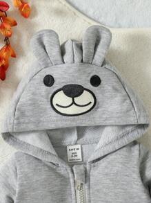 男嬰卡通圖案3D耳朵設計連帽前拉鍊連帽連身褲