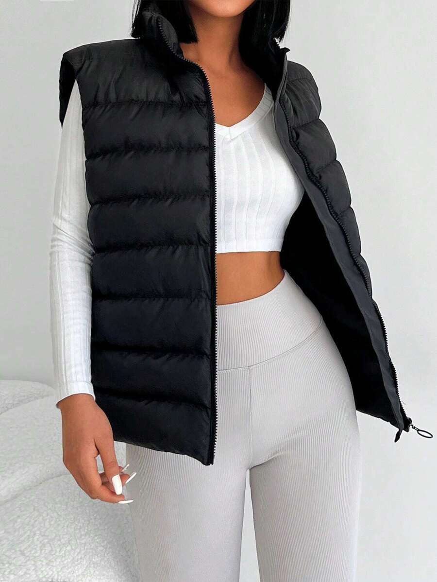 EURMUSE Zip Up Puffer Vest Coat - Black - View 1
