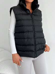 EURMUSE Zip Up Puffer Vest Coat - Black - View 6