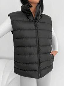 EURMUSE Zip Up Puffer Vest Coat - Black - View 7