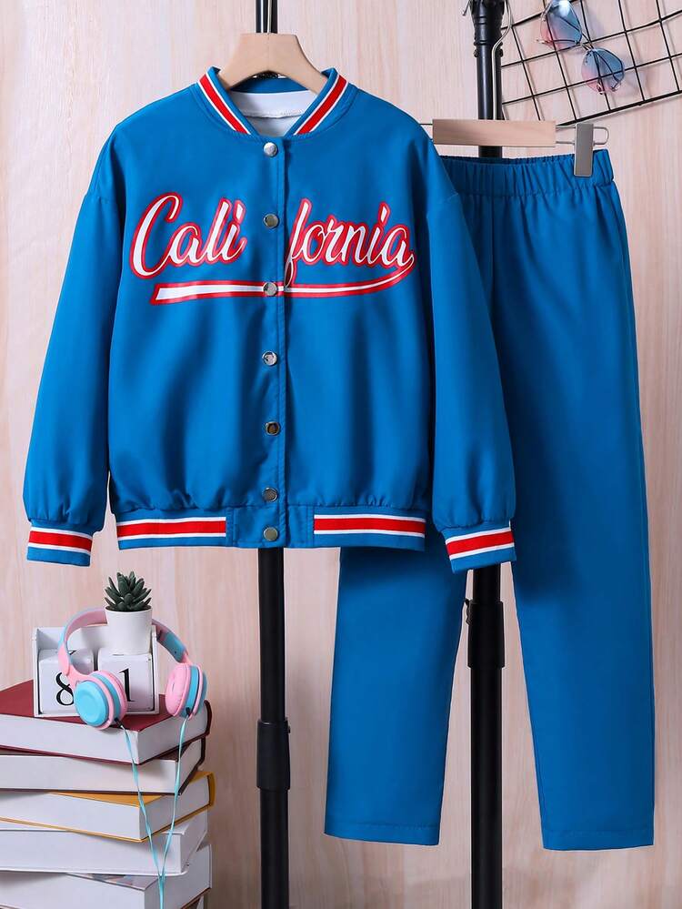 Tween Girl Letter Graphic Striped Trim Bomber Jacket & Pants