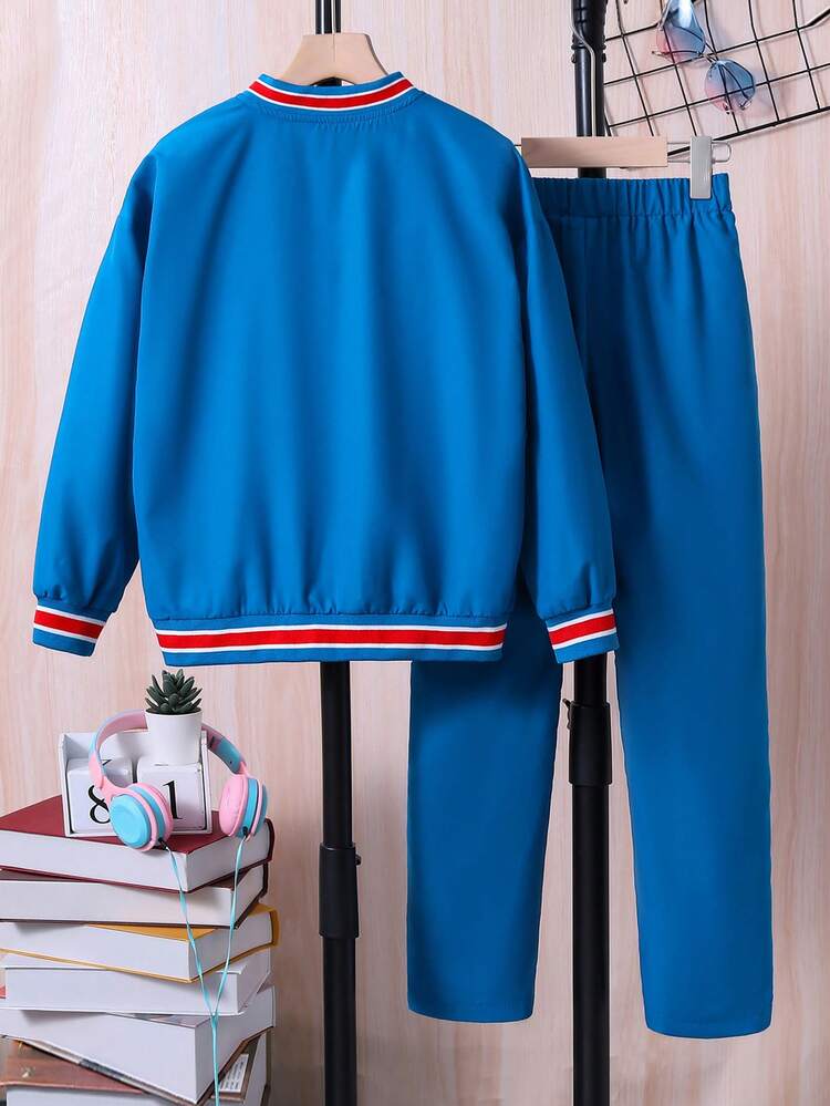 Tween Girl Letter Graphic Striped Trim Bomber Jacket & Pants
