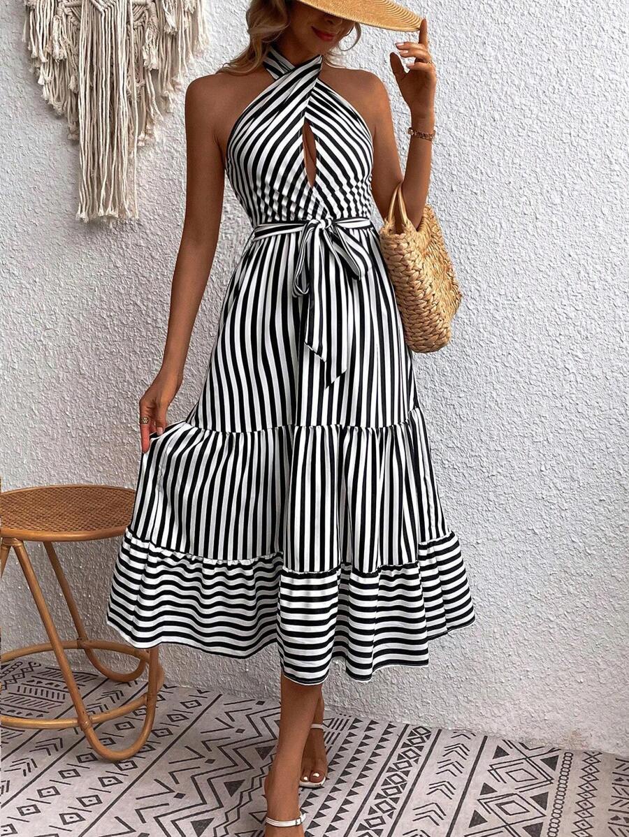 Breezaya Striped Print Ruffle Hem Belted Halter Dress - Black and White - View 1