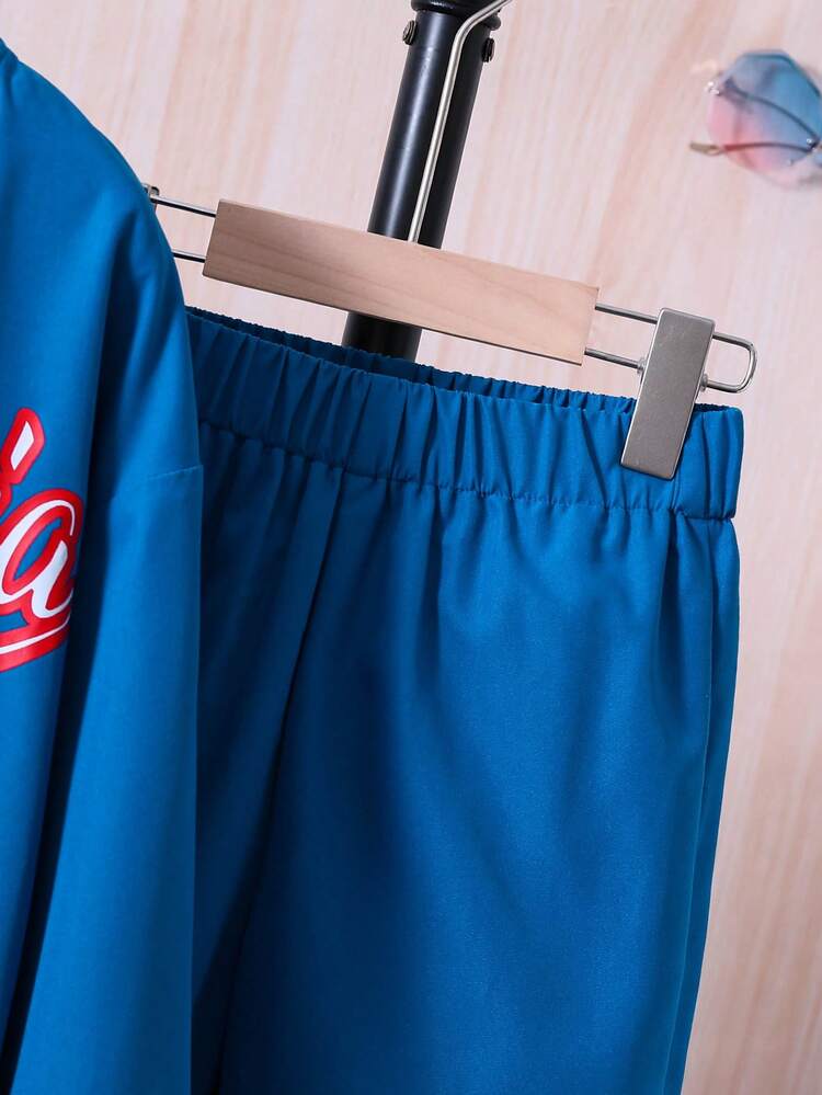 Tween Girl Letter Graphic Striped Trim Bomber Jacket & Pants