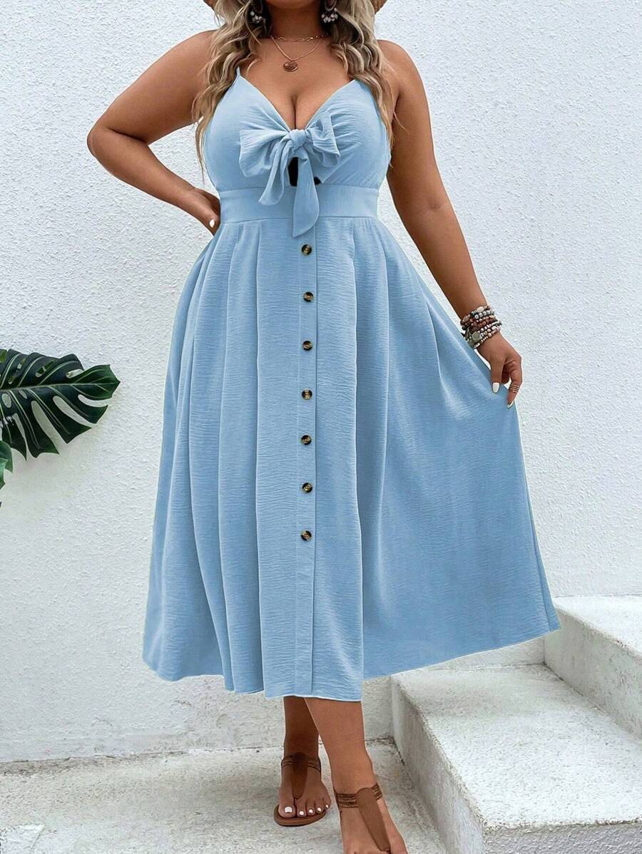 SHEIN Clasi Plus Knot Front Cami Dress - Baby Blue - View 1