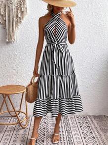 Breezaya Striped Print Ruffle Hem Belted Halter Dress - Black and White - View 5