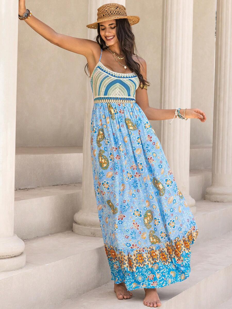 Rusttydustty 印花荷葉邊吊帶連衣裙