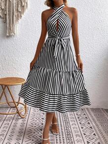 Breezaya Striped Print Ruffle Hem Belted Halter Dress - Black and White - View 6