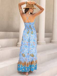 Rusttydustty 印花荷葉邊吊帶連衣裙