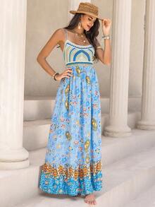 Rusttydustty 印花荷葉邊吊帶連衣裙