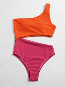SHEIN Swim Summer Beach Two Tone Rib One Shoulder One Piece Swimsuit, Bathing Suit - Multicolor - View 5