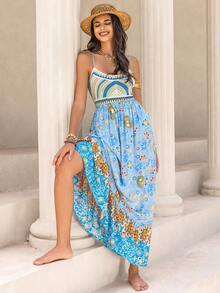 Rusttydustty 印花荷葉邊吊帶連衣裙