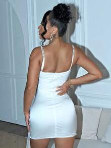 Joyfunear Vestido mini ajustado de un solo color con tirantes finos para mujer - Blanco - Ver 2