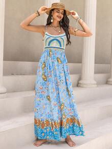 Rusttydustty 印花荷葉邊吊帶連衣裙