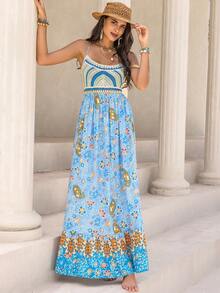 Rusttydustty 印花荷葉邊吊帶連衣裙