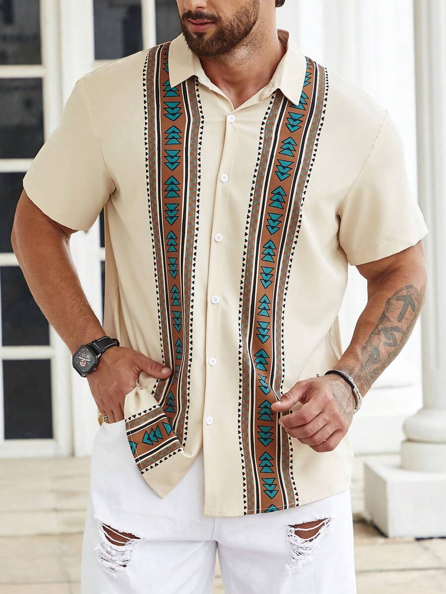 Manfinity Homme Men Plus Size Geo Print Shirt Short Sleeve Button Up Graphic Colorful Khaki Going Out Casual Shirt - Khaki - View 1