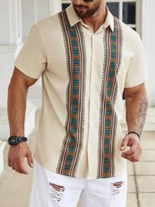 Manfinity Homme Men Plus Size Geo Print Shirt Short Sleeve Button Up Graphic Colorful Khaki Going Out Casual Shirt - Khaki - View 3