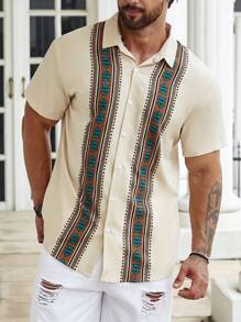 Manfinity Homme Men Plus Size Geo Print Shirt Short Sleeve Button Up Graphic Colorful Khaki Going Out Casual Shirt - Khaki - View 4