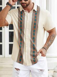 Manfinity Homme Men Plus Size Geo Print Shirt Short Sleeve Button Up Graphic Colorful Khaki Going Out Casual Shirt - Khaki - View 5