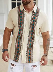 Manfinity Homme Men Plus Size Geo Print Shirt Short Sleeve Button Up Graphic Colorful Khaki Going Out Casual Shirt - Khaki - View 6