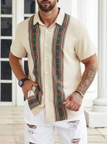 Manfinity Homme Men Plus Size Geo Print Shirt Short Sleeve Button Up Graphic Colorful Khaki Going Out Casual Shirt - Khaki - View 7