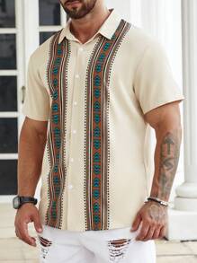 Manfinity Homme Men Plus Size Geo Print Shirt Short Sleeve Button Up Graphic Colorful Khaki Going Out Casual Shirt - Khaki - View 8