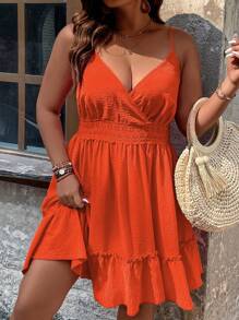Breezaya Plus Surplice Neck Ruffle Hem Cami Dress - Orange - View 4