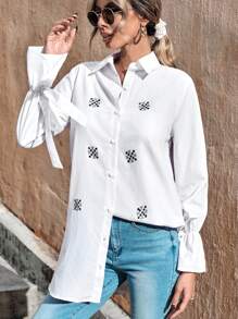 EURMUSE Flare Sleeve Button Up Shirt - White - View 1