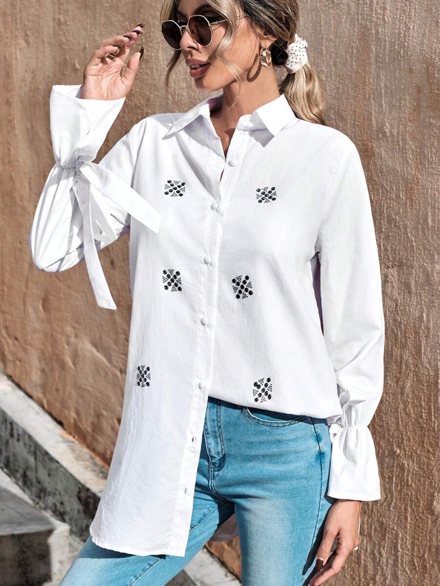 EURMUSE Flare Sleeve Button Up Shirt - White - View 1