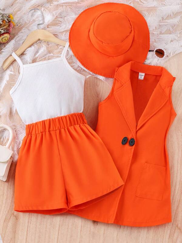 SHEIN Young Girl Solid Cami Top & Shorts & Double Button Vest Blazer & Hat