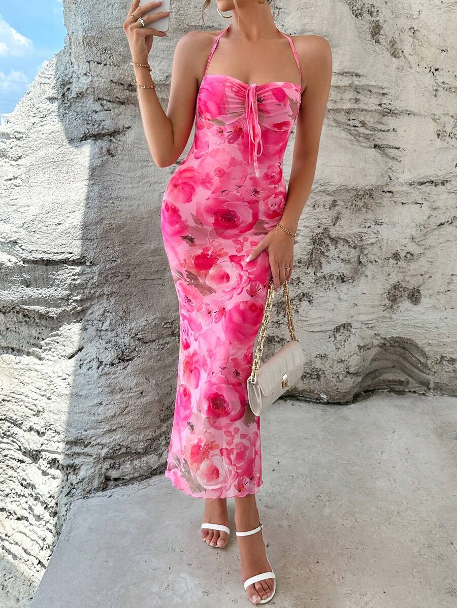 SHEIN Privé Floral Print Tie Backless Halter Bodycon Dress