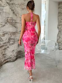 SHEIN Privé Floral Print Tie Backless Halter Bodycon Dress
