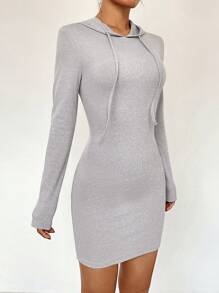 SHEIN Unity 素色抽繩連帽緊身連衣裙 - 淺灰色 - 查看 5