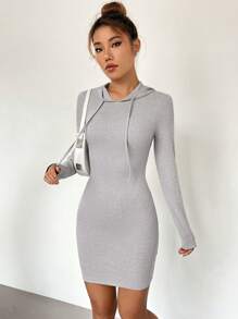 SHEIN Unity 素色抽繩連帽緊身連衣裙 - 淺灰色 - 查看 6