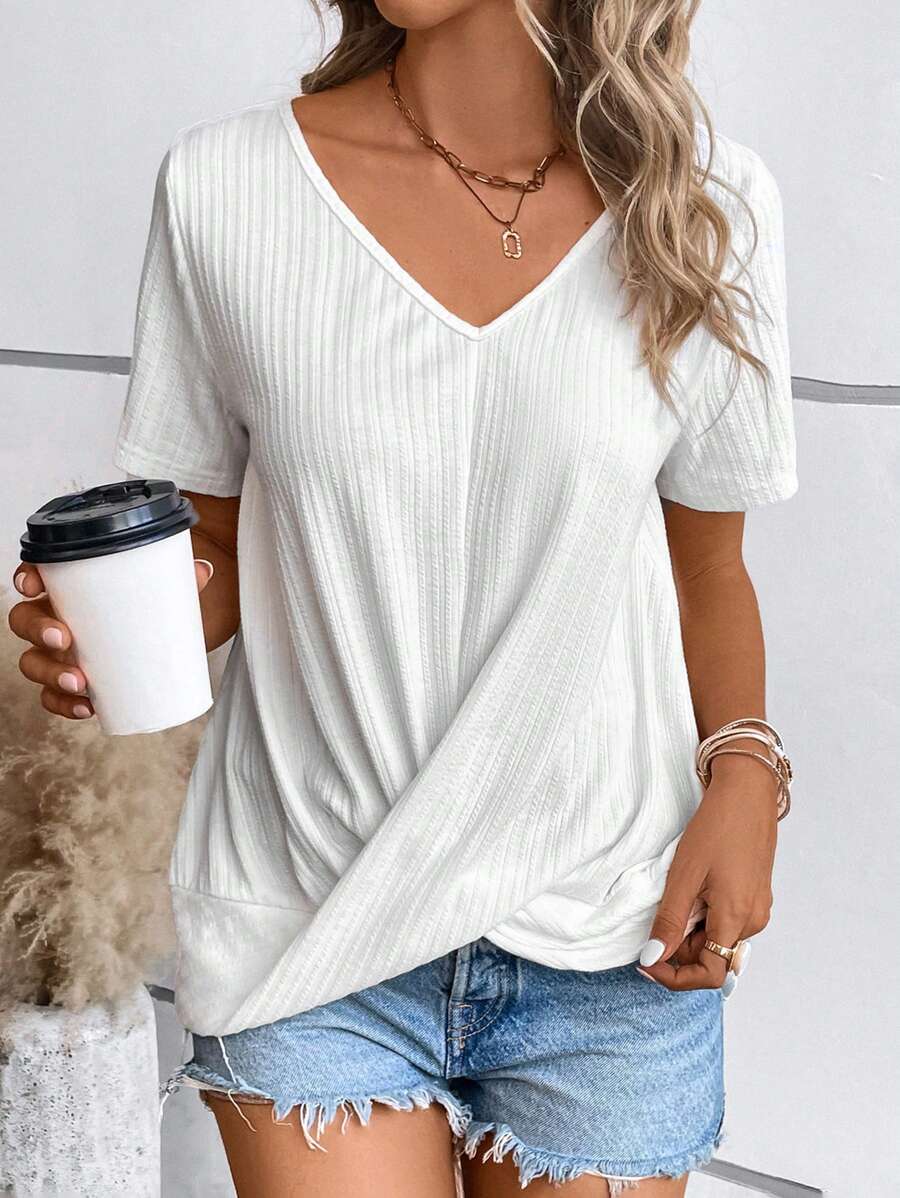 SHEIN LUNE 素色扭結下擺T恤 - 白色 - 查看 1