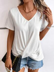 SHEIN LUNE 素色扭結下擺T恤 - 白色 - 查看 4