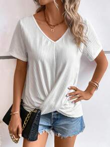 SHEIN LUNE 素色扭結下擺T恤 - 白色 - 查看 5