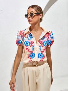 SHEIN VCAY Floral Print Puff Sleeve Shirt - Apricot - View 1