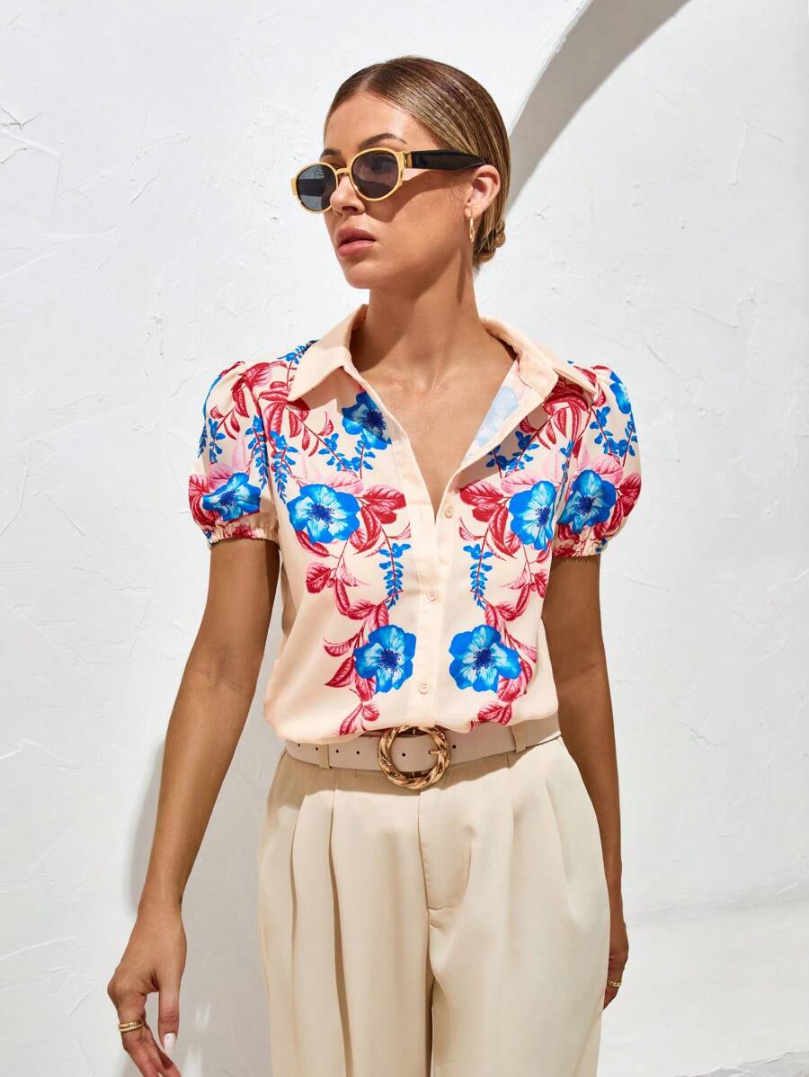 SHEIN VCAY Floral Print Puff Sleeve Shirt - Apricot - View 1