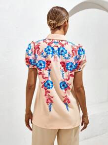 SHEIN VCAY Floral Print Puff Sleeve Shirt - Apricot - View 2