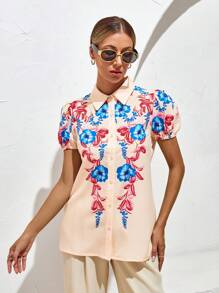 SHEIN VCAY Floral Print Puff Sleeve Shirt - Apricot - View 3